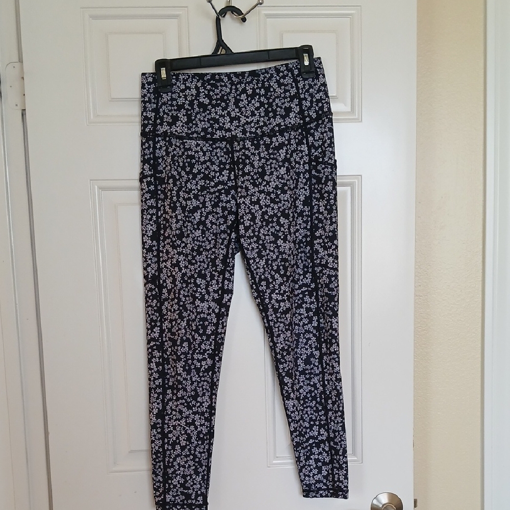High-Waist Floral Print Women's Leggings - Navy/Grey Floral Print